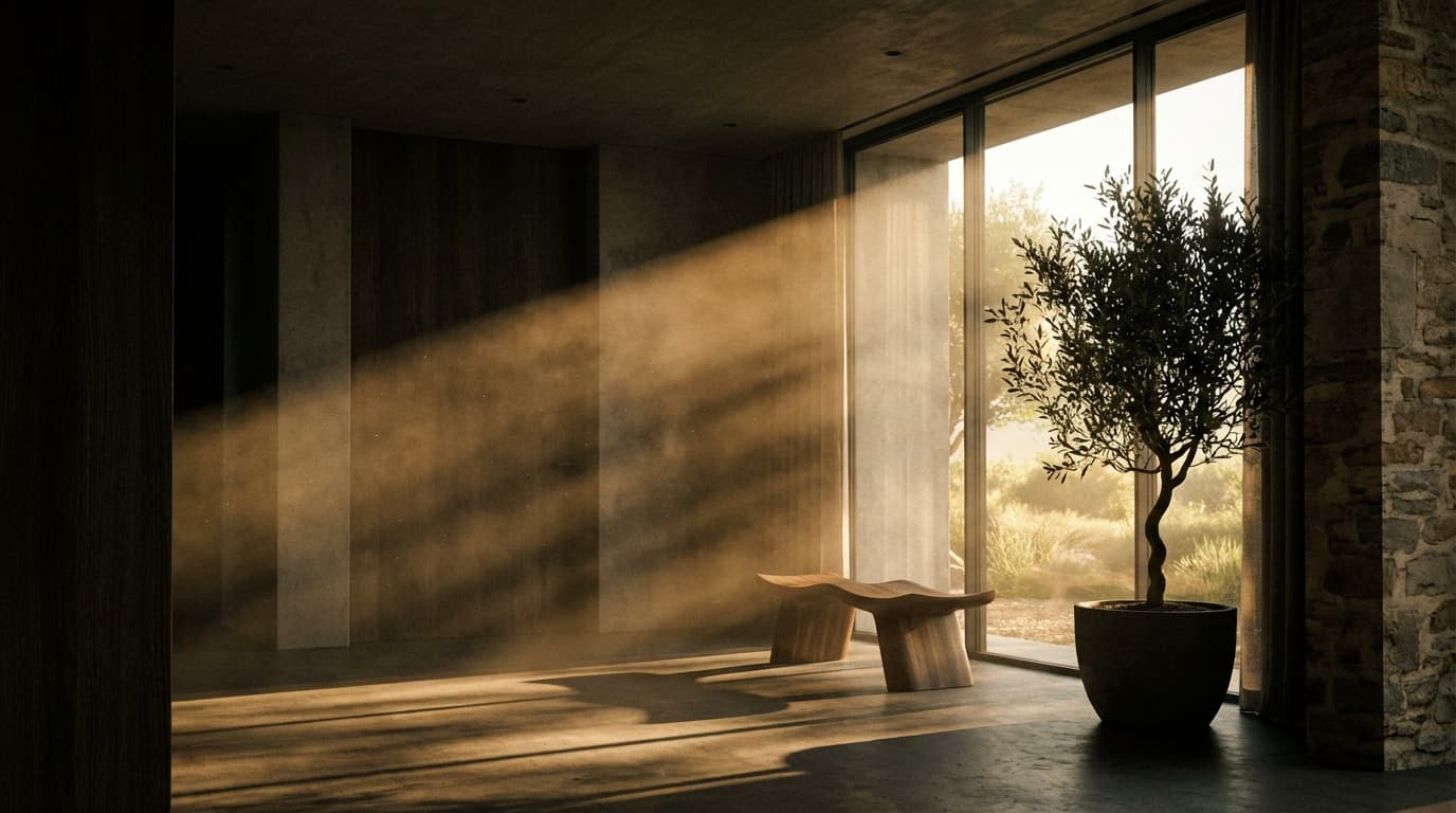Warme Sonnenstrahlen durch ein Fenster auf dunklem Hintergrund