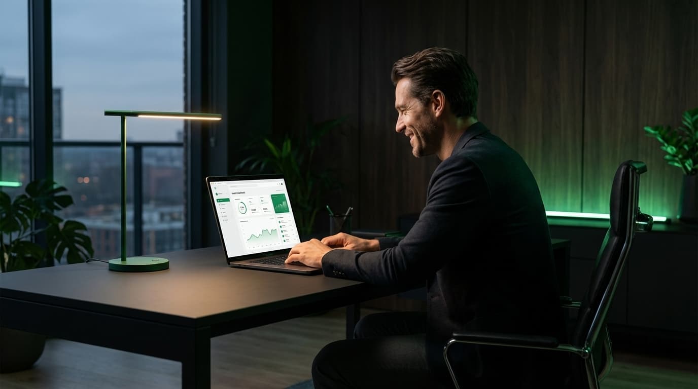 Executive im dunklen Büro beim Video-Call mit Health-Dashboard auf dem Laptop